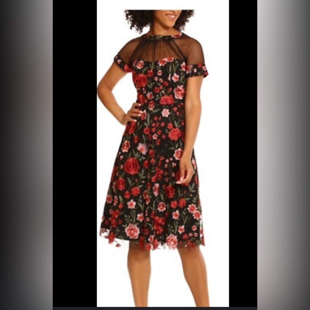 Maggy London Black and Red Floral Mesh Midi Dress size 10